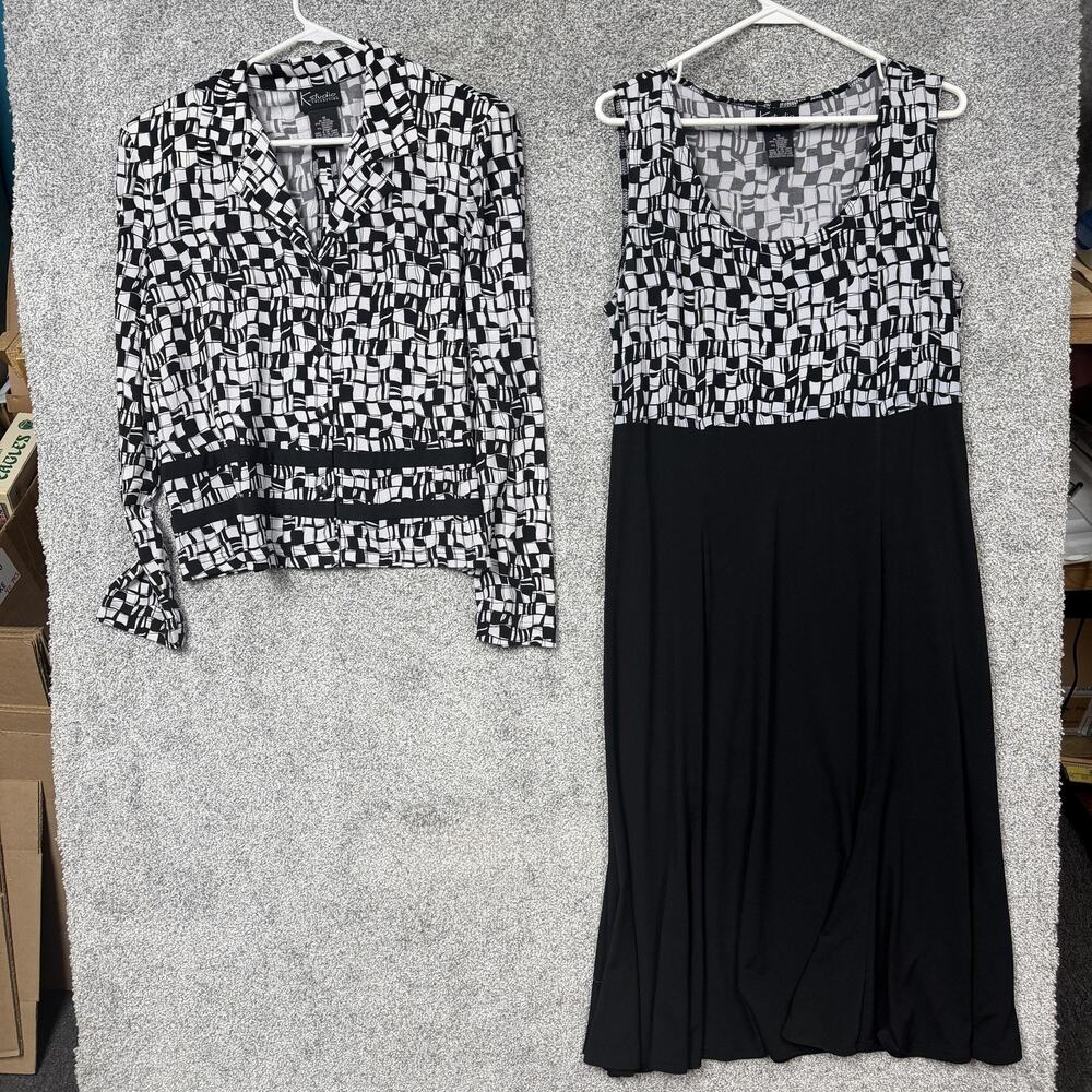 Vintage 90s K Studio Collection Dress Jacket Set 16 Black Geo Preppy Party Mod